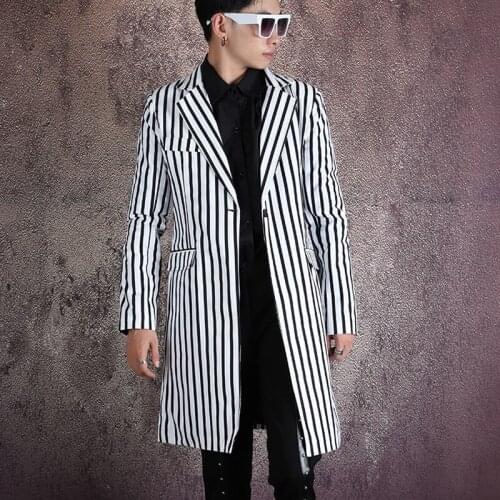 Fashion Slim Fit Suit Coat Stage Clothing Men Streetwear Hip Hop Stripe Print Casual Long Blazer Jacket Male Vintage