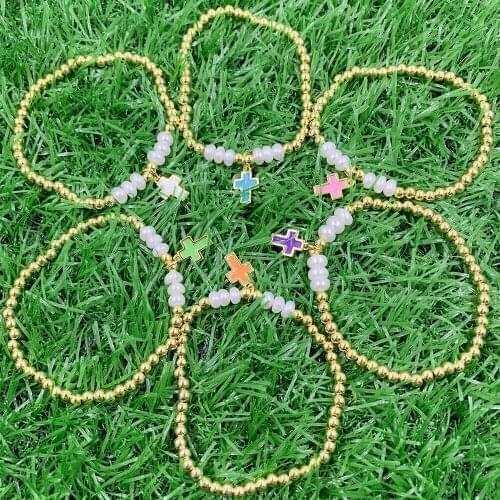 Rainbow Enamel Pendant Cross Shape Accessories Gold Plated Beads/Pearls Bracelet Bulk DIY Jewelry Wholesale