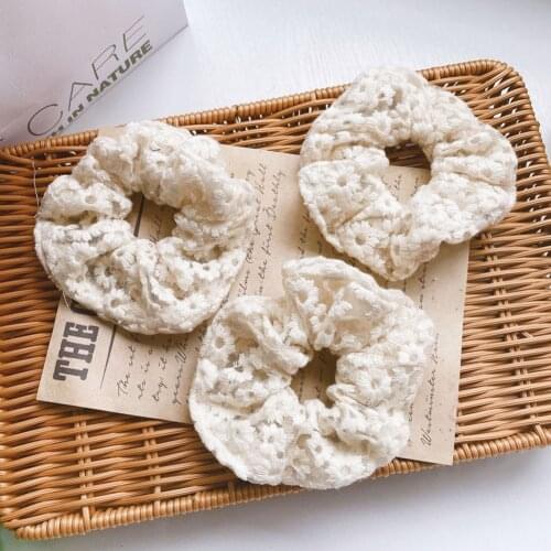 Embroidery Floral White Scrunchie Summer Elastic Hair Bands Fashion Headband For Women Girls Ponytail Holder Hair Accessories