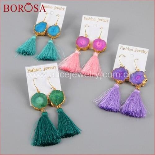 BOROSA Gold Electroplated Rainbow Solar Quartz Colorful Tassel Earrings, Mix Color Druzy Drop Earrings Dangle Earrings G1238