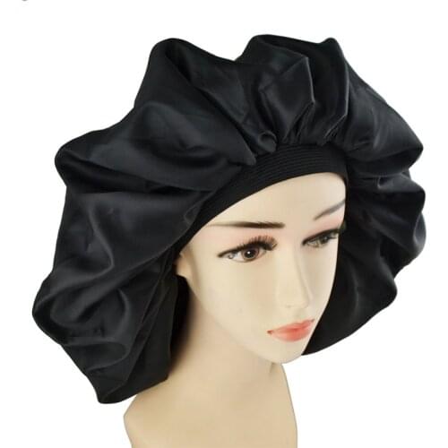 Super Big Size Beauty Salon Cap Satin Bannet Cap Sleep Night Cap Head Cover Bonnet Hat for For Curly Springy Hair Black Color