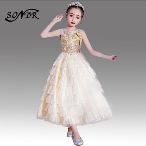 Champagne Flower Girl Dress for Weddings HT134 Gold Embroidered Lace Tiered Princess Ball Gowns Crystal Flower Girls Dresses