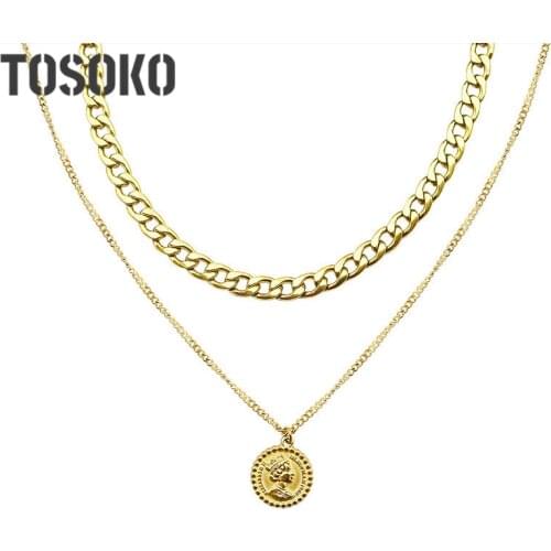 TOSOKO Stainless Steel Jewelry Queen Portrait Round Card Multi-Layer Stacked Necklace Female Detachable Hip-Hop Chain BSP760