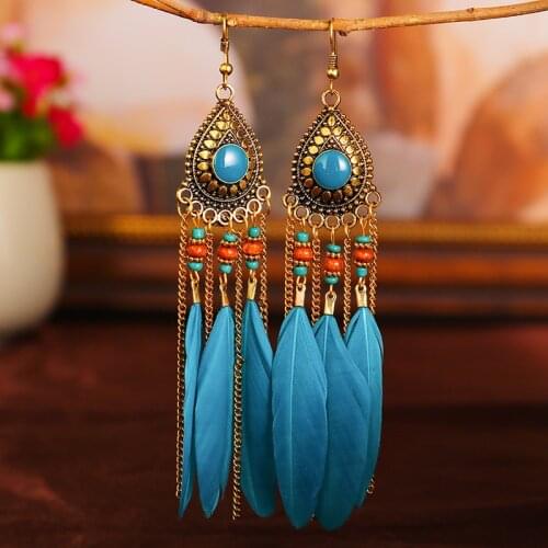 Ethnic Style Indian Bohemian Retro Earrings Drop Shape Alloy Pendant Earrings Long Chain Feather Tassel Pendant Earrings 2020