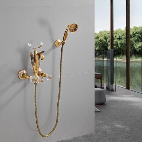 Bathroom Bathtub Shower Faucets Swan Bathroom Shower Faucet Set Antique Bronze Brass Bath Shower Tap Shower Head Wall Mixer Taps