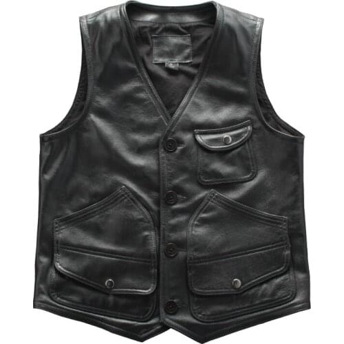 Spring and Autumn New Products Genuine Cowhide Mens Leather Vest Ami Kaki Slim Multi-pocket Motorcycle Leather Vest Coat