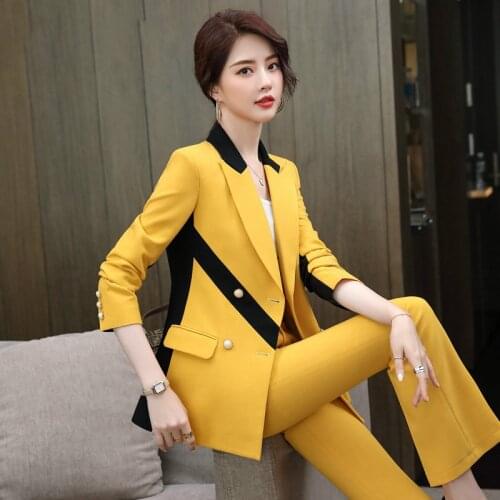 High-quality Yellow Fashion Temperament Professional Wear Ladies Color Matching Small Suit Wide-leg Pants Autumn and Winter Host