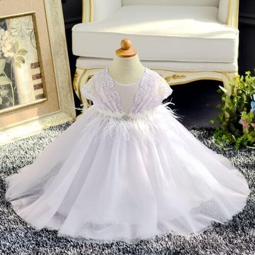 High Quality Tulle Dress Girl Baptism Feather Dress for Girls Infant 1st 2-3 Years Birthday Dress for Baby Girl Christening Gown