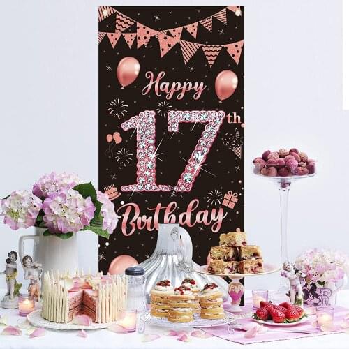 17th Birthday Door Cover Banner Decorations, Rose Gold 17th Birthday Backdrop, Happy 17 Birthday Poster Decor Photo Booth Props