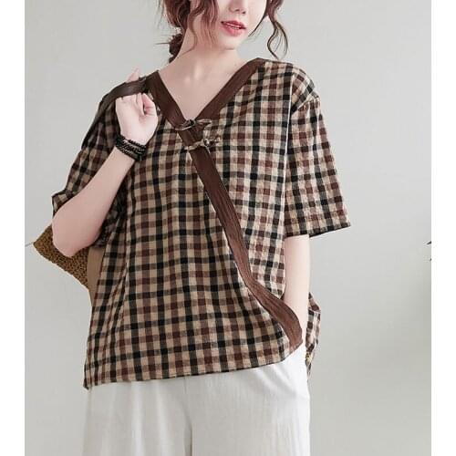 Oversized Women Summer Cotton Linen Casual T-shirts New Arrival 2021 Vintage Style V-neck Plaid Loose Female Tops Tees S3861