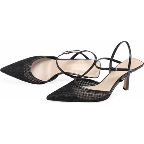 ZJVI Pointed Toe Sandals Ladies 7cm Thin High Heels Shoes Ankle Strap Sandalias Cow Genuine Leather Woman Summer For Women 2021