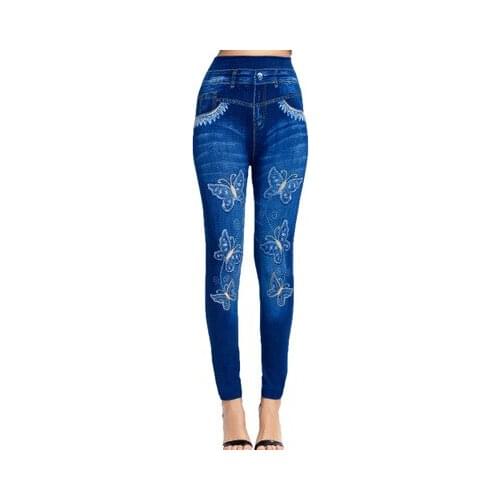 Women New Fashion Classic Stretchy Slim Leggings Sexy Imitation Jean Skinny Jeggings Butterfly Print Pants Bottoms