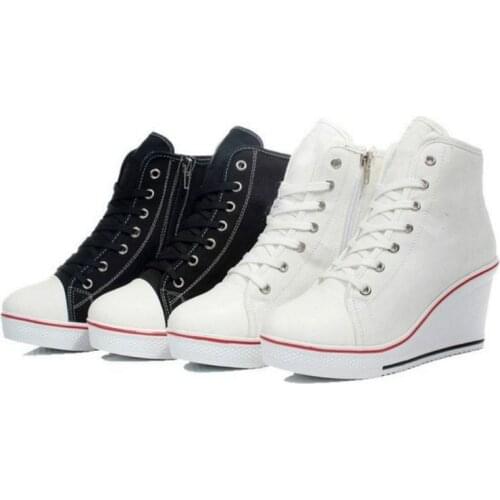 Fashion Badge Wedges High Lacing Elevator Shoes Female Canvas Shoes High Top Women Casual Shoes Boots for Women Plus Size 35-43