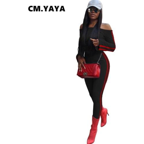 CM.YAYA Women Sets Patchwork Off Shoulder Slim Tops Skinny Pants 2 Two Piece Sets Fashion Streetwear Vintage Outfits Autumn 2021