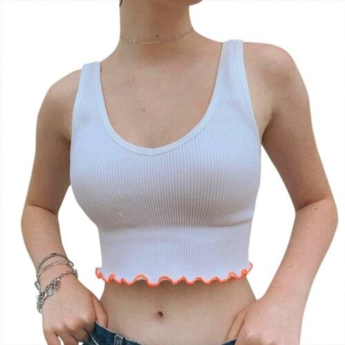 Womens Rib Knit Tank Tops Sexy V Neck Sleeveless Color Block Lettuce Trim Crop Tops