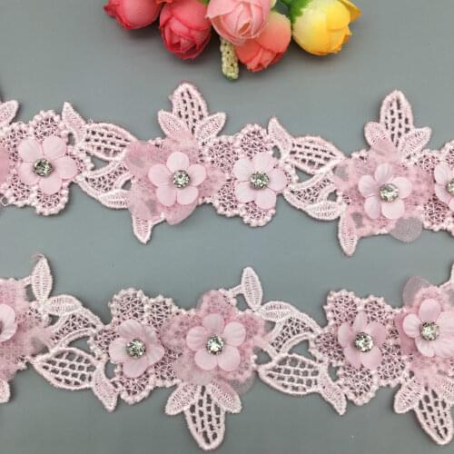 2 Yards Pink Rhinestones Flower Mesh Lace Trim Ribbon Fabric Embroidered Applique Sewing Craft Wedding Dress Hat Decoration