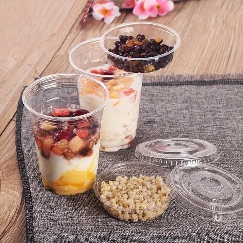 50pcs High quality thicken unique disposable yogurt cup 300ml 400ml transparent dessert ice cream snack plastic cup with lid