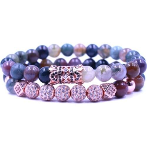 8mm 2PCS/Set uki rose gold elastic adjusted nature agate bead micro pave cz zircon cubic zirconia tube Bracelet