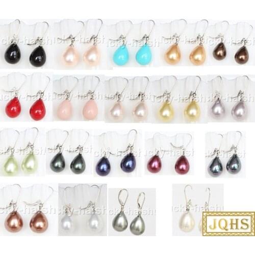 AAA Dangle 12X15mm black white pink green gray Coffee blue red south sea shell pearls earring 18KGP hook j12534-1