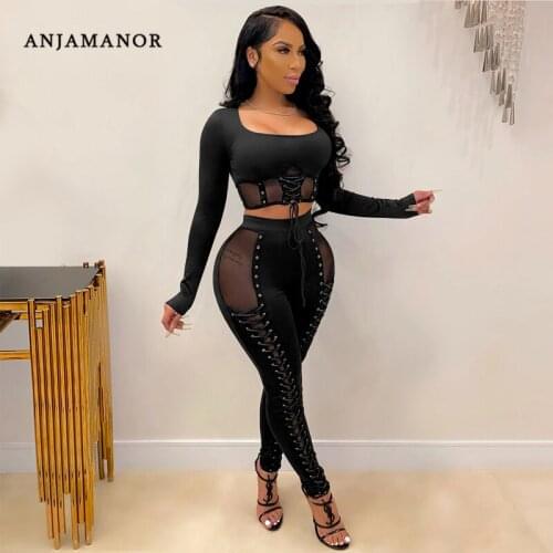 ANJAMANOR Sexy Two Piece Set Sheer Mesh Patchwork Tie Up Long Sleeve Crop Top Leggings Sexy Club Outfits for Women D42-DI34