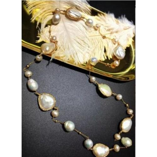 Free shipping noble jewelry Handmade natural white baroque kasumi pearl necklace 9K Gold long