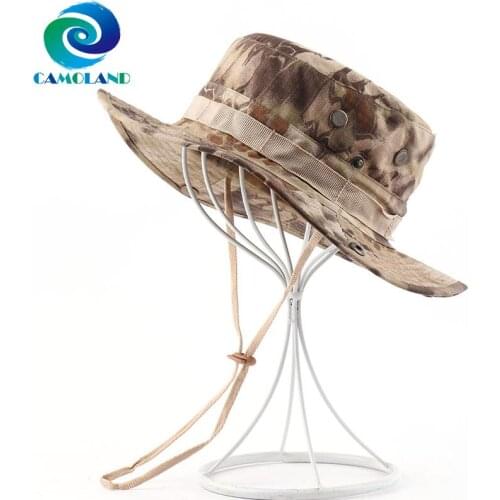CAMOLAND Army Militares Boonie Hat For Men Camouflage Bucket Hat Tactical Airsoft Sniper Hat Male Summer UV Protection Sun Caps