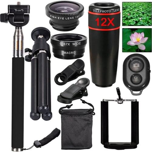 Top Travel Kit 10 in1 Accessories Phone Camera Lens Kit 12x Zoom Telescope for iPhone 7 8P for Samsung Galaxy NOTE LG Smartphone