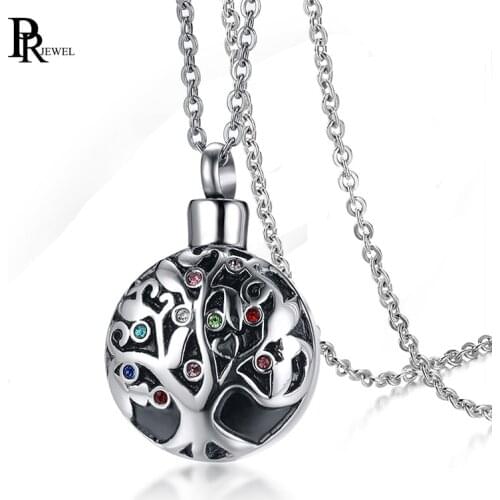 Colorful Rhinestone Tree of Life Family Cremation Jewelry Keepsake Memorial Urn Locket Necklace with Free Chain