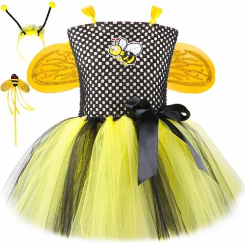 Little Bee Costume for Girls Carnival Party Fancy Dress Kids Halloween Honeybee Cosplay Costumes with Fairy Wings Headband Wand