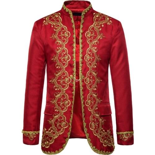 Fashion Stand Collar Embroidery Red Blazer Men Slim Fit Court Prince Suit Blazer Jacket Men Party Stage Prom Blazer Masculino