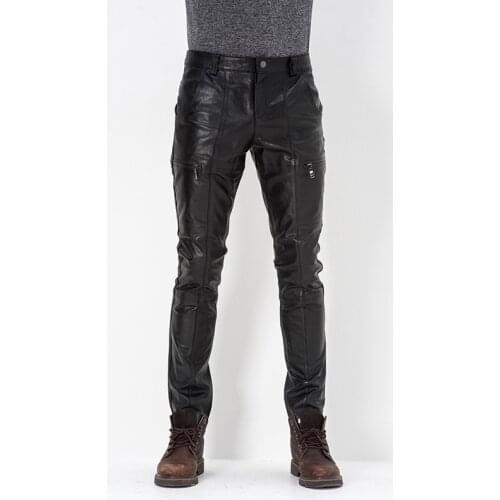 Genuine Leather Pants Men Real Leather Sheepskin Motorcycle Biker Male Trousers Autumn Winter Thick Warm Pants Pockets Plus Size