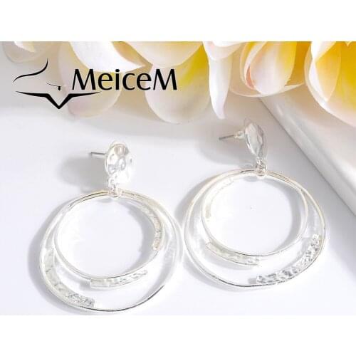 MeiceM 2021 trend new Big Dangle Silver Earrings Women Alloy Circle Geometric Drop Earring for Women Girls Vintage Earing Bobo