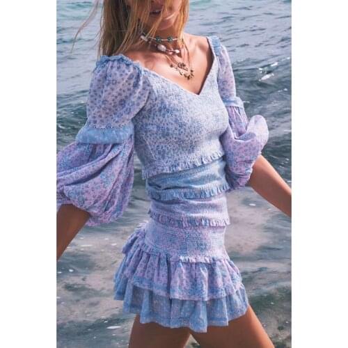 Jastie Floral-print Mini Dress Women V-neck Cropped Sleeve Summer Dresses Tiered Ruffled Boho Beach Dress Party Female Vestidos