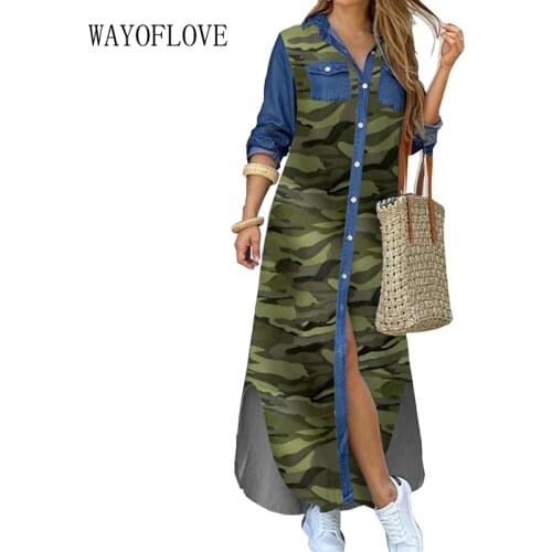 WAYOFLOVE Camouflage Printed Long Dress Women 2021 Casual Button Plus Size Loose Long Sleeve Dresses Woman Elegant Shirt Dresses