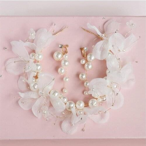 Vintage Korean Style Handmade White yarn Flower Headband Bridal Hairband Women Garland Wedding Hair Accessories with earriings