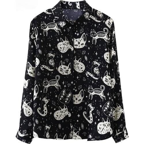 Spring Long Sleeve Animal Cat Printed Shirt Women Tops Loose Casual Blouses Outerwear Blusas Mujer De Moda TJR170