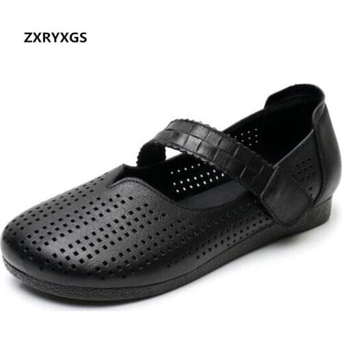 2021 New Spring Summer Breathable Hollow Genuine Leather Shoes Flat Shoes Sandals Round Toe Large Size Women Shoes Casual Shoes
