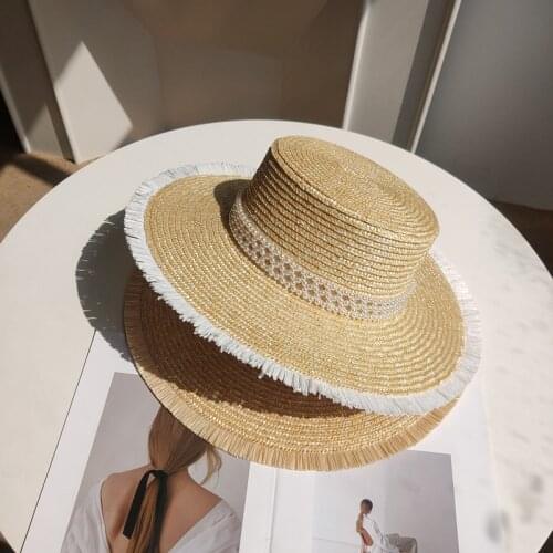 Women Classical Fringed Pearl Chain Straw Hat Summer Wide Brim Jazz Hat Beach Sun Hat Custom Hat Church Dresses For Women