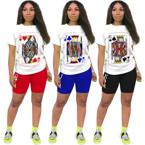 Plus Size 2 Piece Shorts Jogger Set Women Poker Printed Summer Outfit Pullover Tshirt + Biker Shorts Lounge Wear Clothings S-4XL