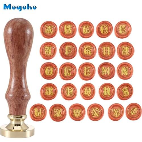 Mogoko 1x Sealing Wax Stamps Wooden Handle Flower Pattern 26 Letters Alphabet Wax Badge Seal Stamp A-Z Cards Envelope Decor