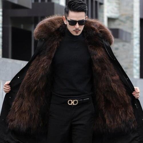 Real Raccoon Silver Fox Fur Coat Plus Size Clothes Natural Winter Men Round Neck Warm Thick New Style