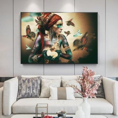 African Woman with Butterfly Canvas Paintings on the Wall Art Posters And Prints Modern Art Colorful Girls Pictures Home Decor