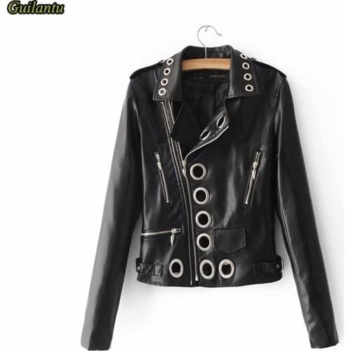 Spring Autumn Ladies Leather Jacket Outwear Turn-down Collar Zipper Hollow Out Motorcycle Biker Coat Female Bomber Jackets Women
