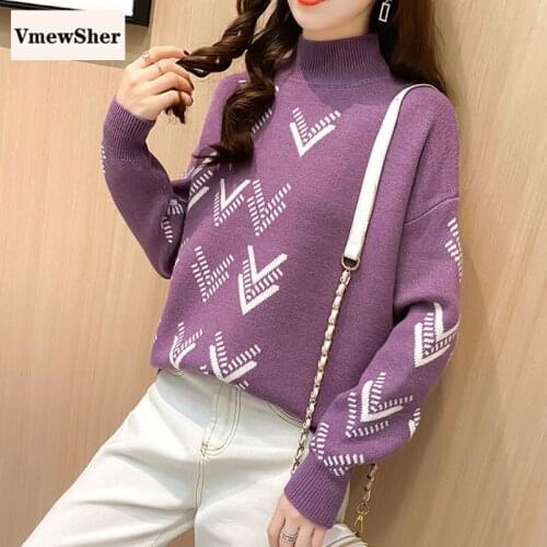 VmewSher New Jacquard Pullover Knitted Sweater Women Autumn Winter Mock Collar Jumper Elegant Soft Bottoming Knitwear Tops 2021