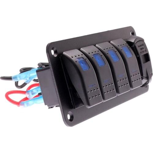 For Car Boat Marine RV Truck 4 Gang 12V Waterproof with LED light Digital Voltmeter Dual USB Port Outlet