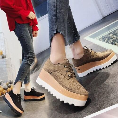 Platform Shoes Womens Thick-Soled British Wild 2020 Autumn New Wedge Patent Leather Square Toe Casual