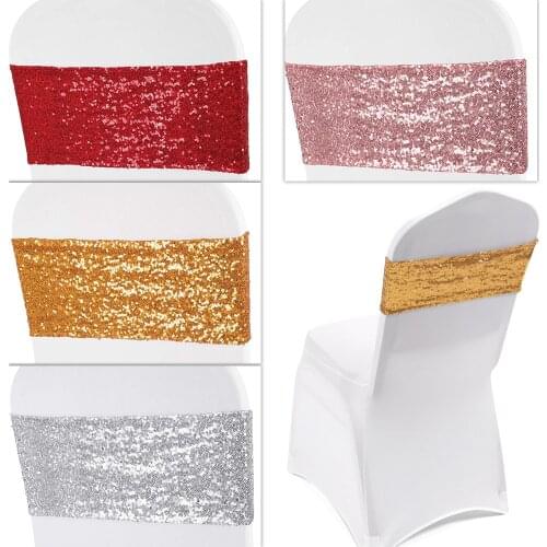 10pcs/Lot Luxury Sequin Chair Sashes Elastic Tie Bow Chair Sash Band Wedding Decoration Home Hotel Banquet Table Decor 35*15cm