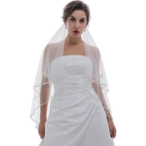 2T 2 Tier Pearls Silver Beaded Bridal Wedding Veil 2021 Bridal Veils