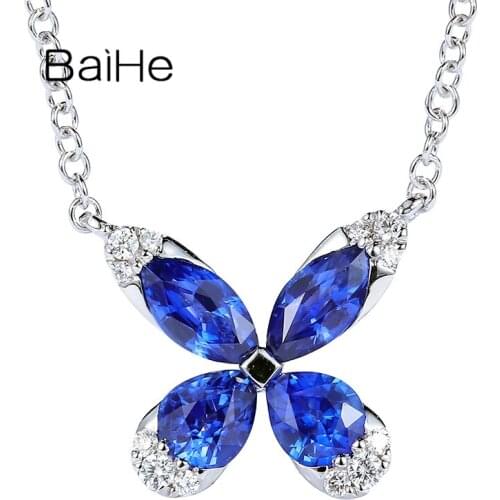 BAIHE Solid 18K White Gold 1ct Natural Sapphirs 0.06ct Natural Diamonds Fine Jewelry Sapphirs Necklace butterfly Necklace Women