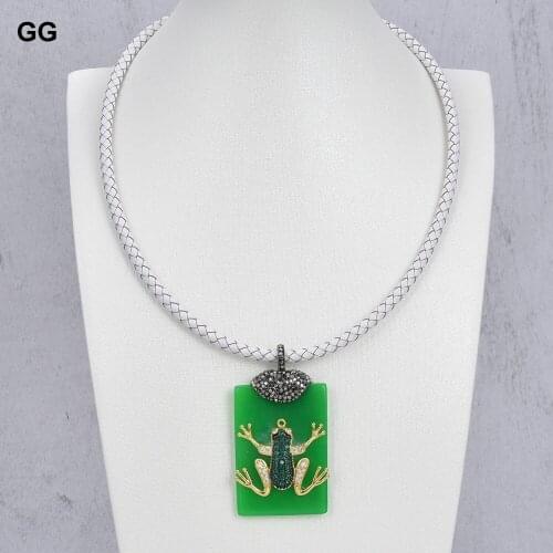 GuaiGuai Jewelry 20" White Leather Choker Necklace Green Jade CZ Frog Pendant